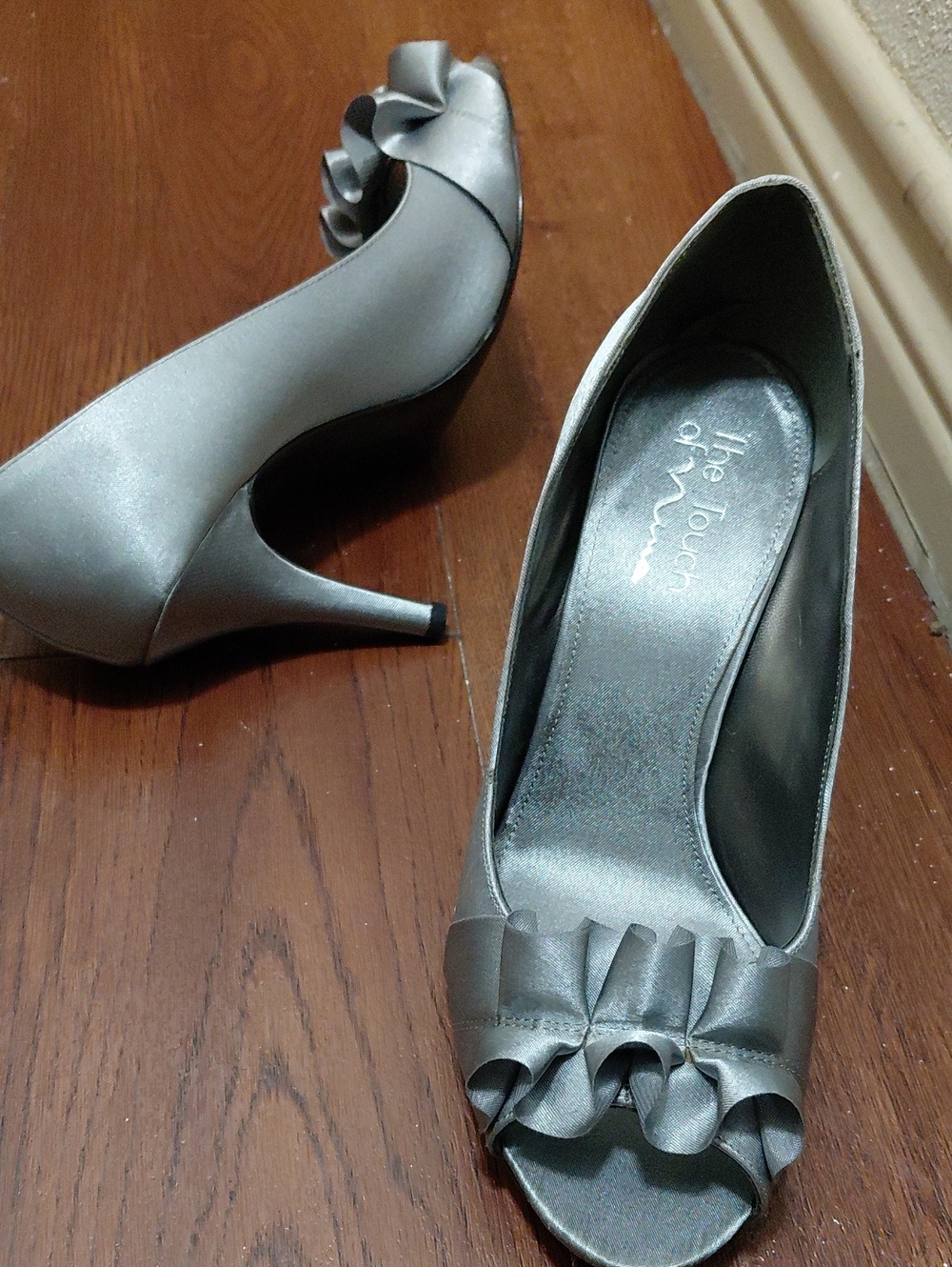 Touch of Nina Metallic Silver Peep-Toe Heels with Ruffle Accent
